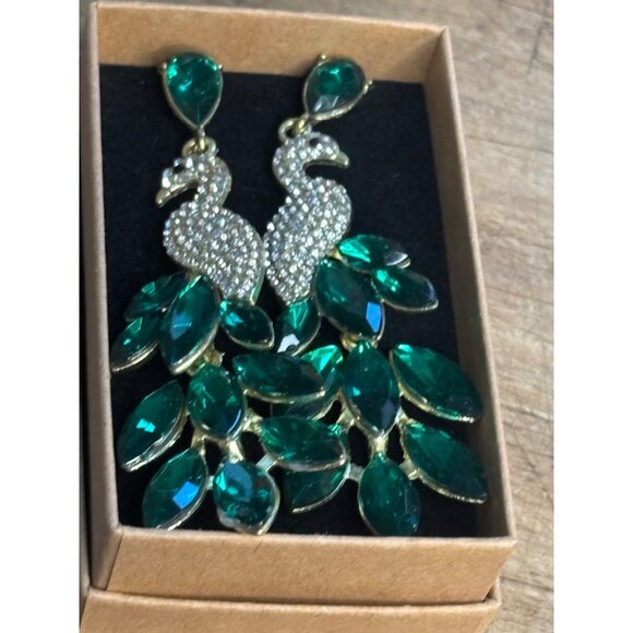 Peacock Crystal Drop Earrings With Green Gemstones - Picture 2 of 9